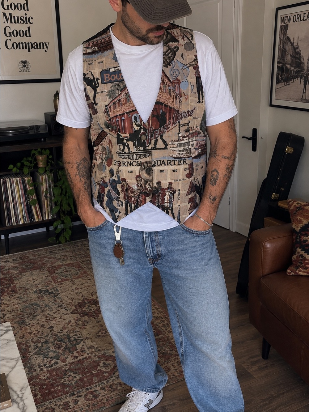 French Quarter Vintage-Inspired Printed Vest - Beige Brown Pattern